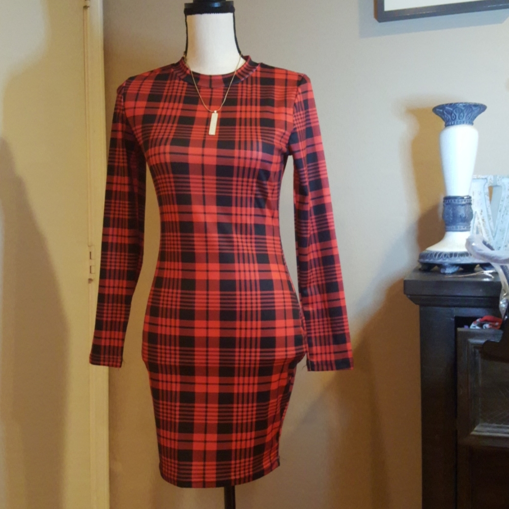Deep Red Plaid Bodycon Long Slv Dress
